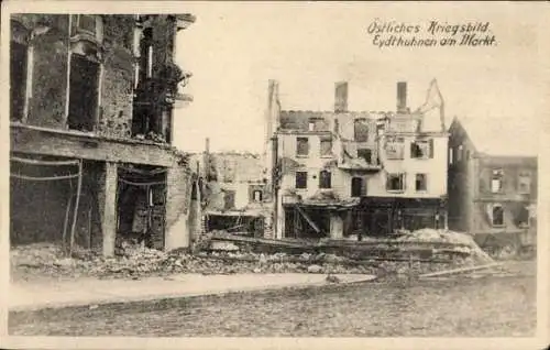 Ak Tschernyschewskoje Eydtkuhnen Ostpreußen, zerstörte Häuser am Markt, Kriegsbild