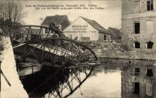 Ak Gołdap Goldap Ostpreußen, Von Russen gesprengte Brücke, I. WK