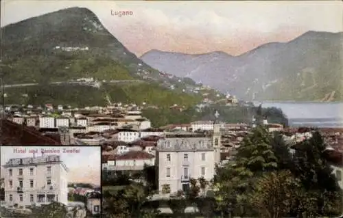 Ak Lugano Kanton Tessin Schweiz, Gesamtansicht, Hotel Pension Zweifel