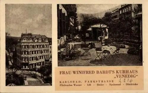 Ak Karlovy Vary Karlsbad Stadt, Frau Winifred Bardts Kurhaus Venedig, Parkstraße