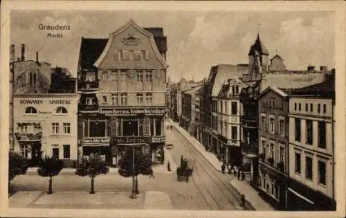 Ak Grudziądz Graudenz Westpreußen, Markt, Schwanen Apotheke, Modehandlung