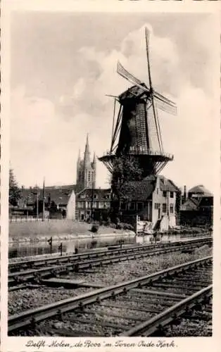 Ak Delft Südholland Niederlande, Molen de Roos, Toren Oude Kerk