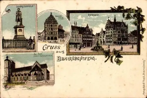 Litho Braunschweig in Niedersachsen, Dom, Lessing-Denkmal, Kohlmarkt