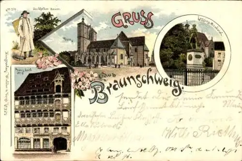 Litho Braunschweig in Niedersachsen, Dom, Lessing-Denkmal, Bauer