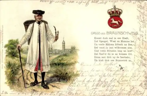 Präge Litho Braunschweig in Niedersachsen, Bauer, Wappen, Pfeife