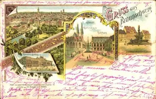 Litho Braunschweig in Niedersachsen, Altstadt, Rathaus, Martinkirche, Denkmal, Residenzschloss