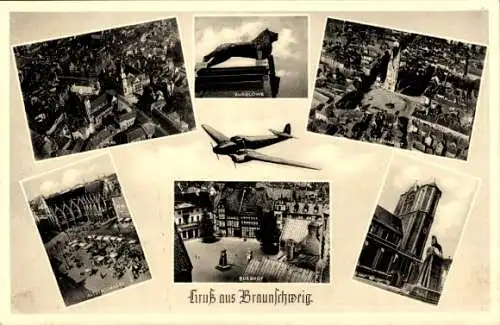Ak Braunschweig in Niedersachsen, Burglöwe, Flugzeug, Altstadtmarkt