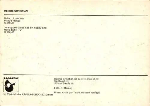 Ak Sänger Dennie Christian, Autogramm