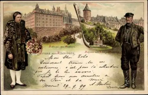 Künstler Litho Jacobi, O., Altenburg in Thüringen, Schloss, Kriegerdenkmal, Trachtenpaar