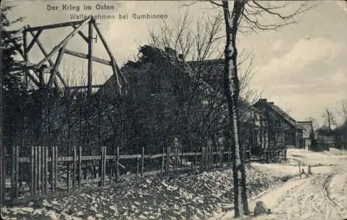 Ak Walterkehmen bei Gussew Gumbinnen Ostpreußen, zerstörte Häuser, Winter, Kriegsbild