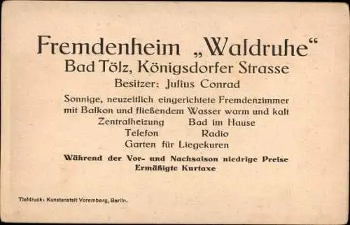 Ak Bad Tölz im Isartal Oberbayern, Fremdenheim Waldruhe