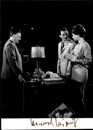 Foto Schauspieler Harald Leipnitz, Szene, Hans Caninenberg, Sabine Eggerth, Autogramm H. L.
