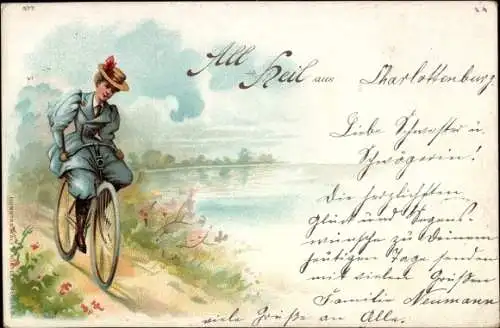 Litho All Heil, Frau, Spazierfahrt auf dem Fahrrad