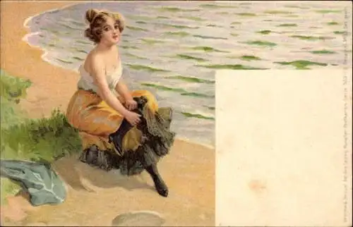 Litho Frau in Unterwäsche und Rock am Strand