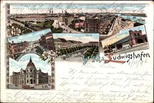 Litho Ludwigshafen am Rhein, Markt, Bahnhof, Post, Rheinbrücke, Totalansicht
