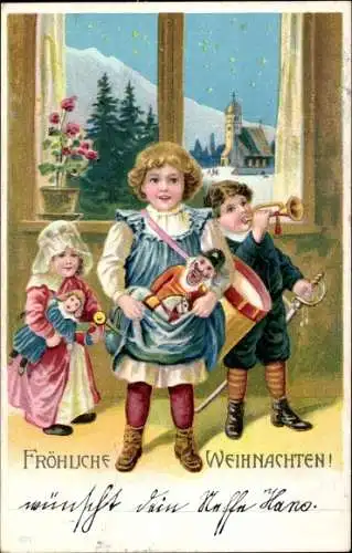 Litho Glückwunsch Weihnachten, Musizierende Kinder, Puppe, Trommel