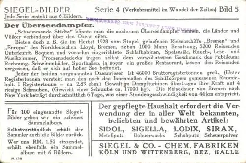 Sammelbild Serie 4 Verkehrsmittel im Wandel der Zeiten Bild 5, Der Überseedampfer Bremen, NDL