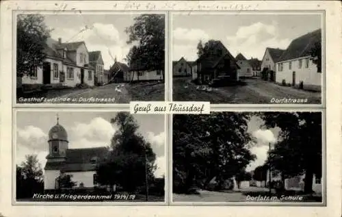 Ak Thüsdorf Eckartsberga, Gasthof zur Linde, Dorfstraße, Schule, Kirche, Kriegerdenkmal