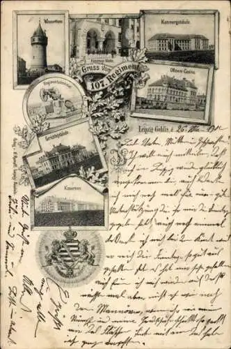 Ak Gohlis Leipzig in Sachsen, 107. Regiment, Wasserturm, Kasernen, Offiziers-Casino