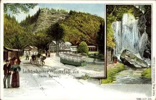 Litho Lichtenhain Sebnitz, Lichtenhainer Wasserfall, Straßenbahn