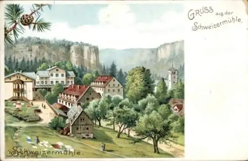 Litho Rosenthal Bielatal Schweizermühle, Totalansicht