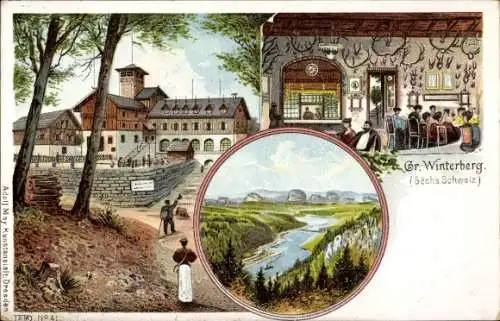 Litho Ostrau Bad Schandau in Sachsen, Großer Winterberg, Gaststätte, Panorama