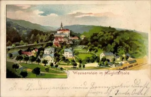 Litho Weesenstein Müglitztal in Sachsen, Gesamtansicht, Müglitztal