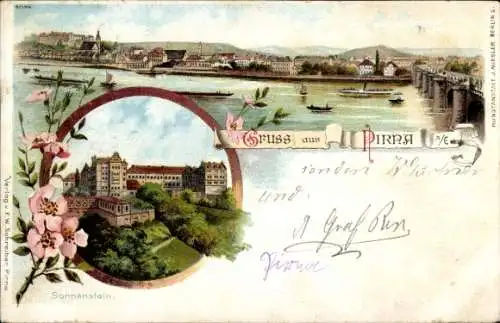 Litho Pirna an der Elbe, Gesamtansicht, Sonnenstein