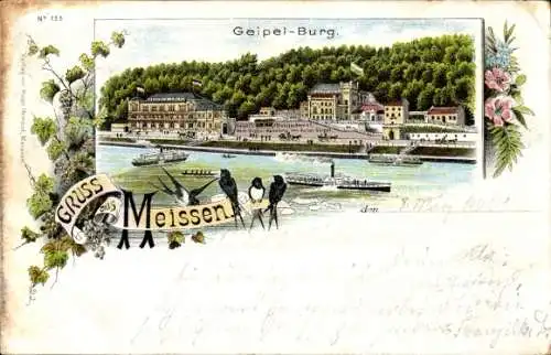 Litho Meißen in Sachsen, Geipelburg, Etablissement von Oscar Geipel, Weingroßhandlung, Dampfer