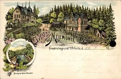 Litho Dresden Pillnitz, Meixmühle im Friedrichsgrund, Gondelteich