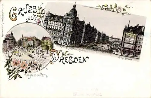 Litho Dresden Altstadt, Pirnaischer Platz, Ring-Straße, König-Johann-Straße