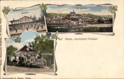 Ak Weida in Thüringen, Oschütztal-Viadukt, Bahnhof, Totalansicht, Gasthaus