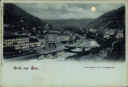 Mondschein Litho Bad Ems an der Lahn, Panorama vom Lustgarten