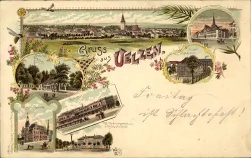 Litho Uelzen in Niedersachsen, Totalansicht, Fischerhof, Bahnhof, Postamt, Rathaus, Gymnasium