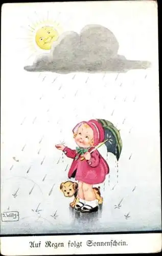 Künstler Ak Wills, John, Auf Regen folgt Sonnenschein, Mädchen mit Schirm, Hund