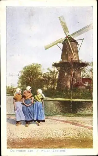 Ak Zeeland, De molen aan het water, Trachten, Windmühle