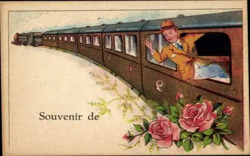 Künstler Ak Souvenir de, Eisenbahn, Mann lehnt sich aus dem Abteil, Rosen