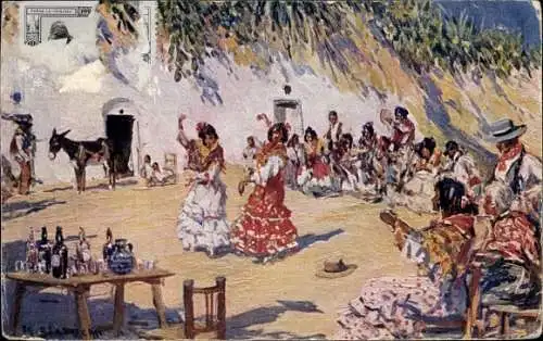 Künstler Ak Bertuchi, M., Zambra gitana, spanische Volkstrachten, Flamenco, Zigeuner