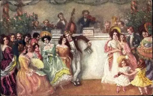 Künstler Ak Elegante Männer und Frauen auf einem Ball, Orchester