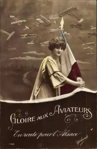 Ak Französische Militärflugzeuge, Frau mit Landesflagge, Patriotik Frankreich