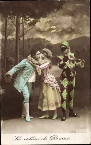 Ak Pierrot, Liebespaar, Mondschein