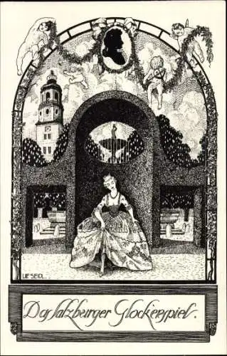 Künstler Ak Das Salzburger Glockenspiel, elegante Dame