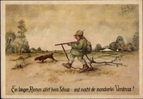 Künstler Ak Geilfus, H., Ein langer Riemen stört beim Schuss, Jäger, Jagdhund, Jagdunfall