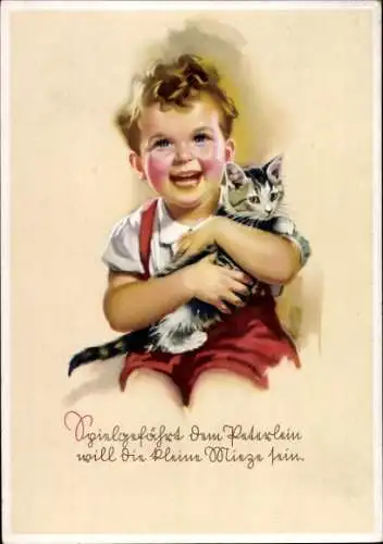 Künstler Ak von Czulik, Else, Lachendes Kind mit Hauskatze