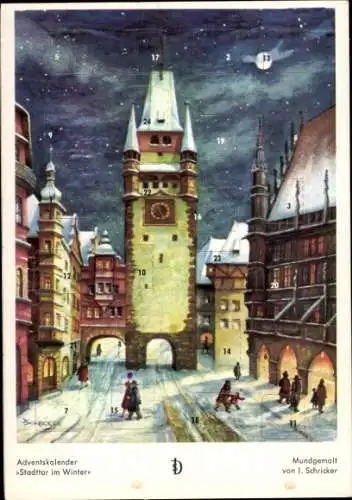 Künstler Ak Schricker, Stadttor im Winter, Adventskalender