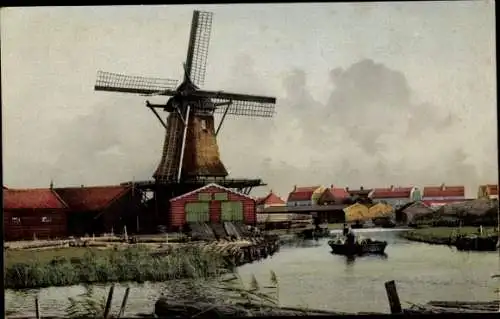 Ak Wasserpartie mit Blick auf Windmühle, Häuser, Boot