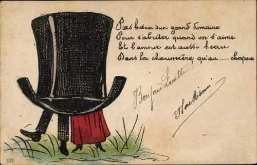 Litho Liebespaar in einem schwarzen Zylinder, Kitsch