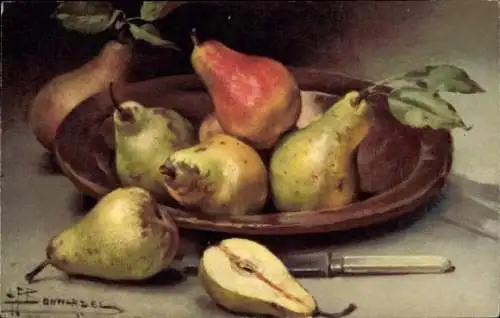 Künstler Ak Bonnardel, A. F., Stillleben, Birnen in einer Schale, Messer