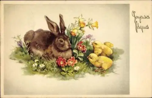 Ak Glückwunsch Ostern, Hase, Küken, Blumen