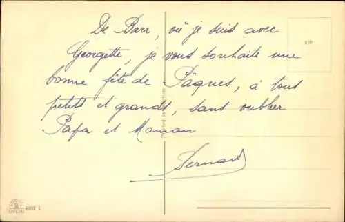 Ak Glückwunsch Ostern, Hase, Küken, Blumen